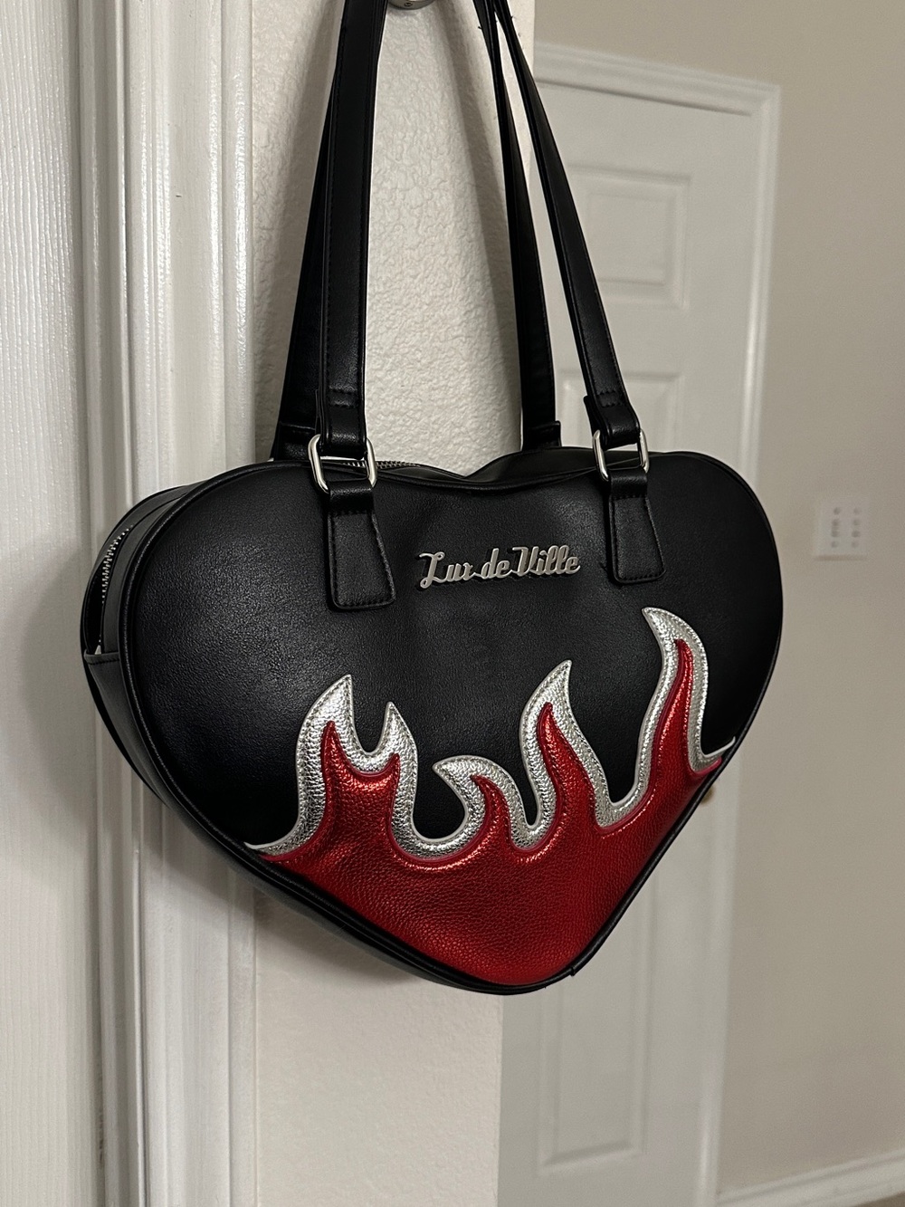 Lux de Ville Black Heart Tote with Red and Silver Flame